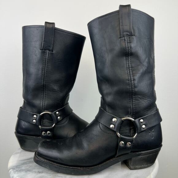 Frye Harness Black Leather Moto Mid-Calf Block Heel Square Toe Boots (Sz 10) - Picture 14 of 14